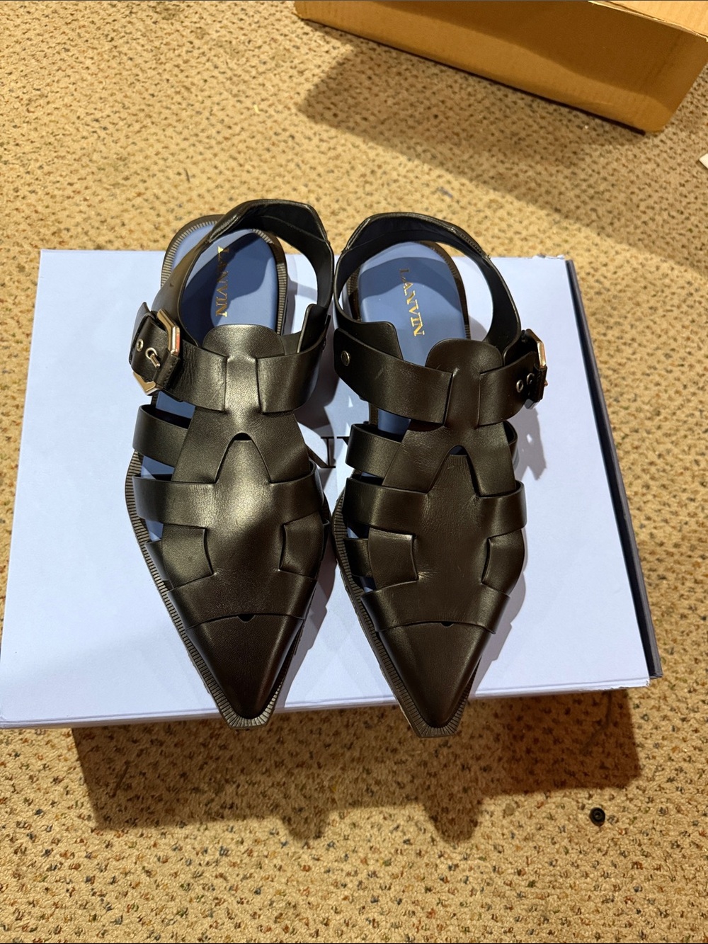 Aquazzura Black Pointed Leather Cutout Slingback Mules with Gold Buckle